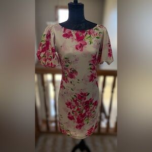JH Collective Floral Sheath Dress Size 6 Pink Puff Sleeve Wedding Guest